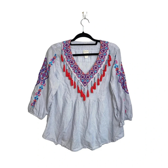 Chico’s Blue & White Striped Embroidered Tassel Popover Top 2 Large Women’s - Picture 1 of 10